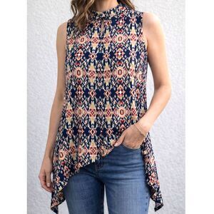 Ava James Sleeveless Boho Ikat Blouse Sharkbite Hem Navy Size L